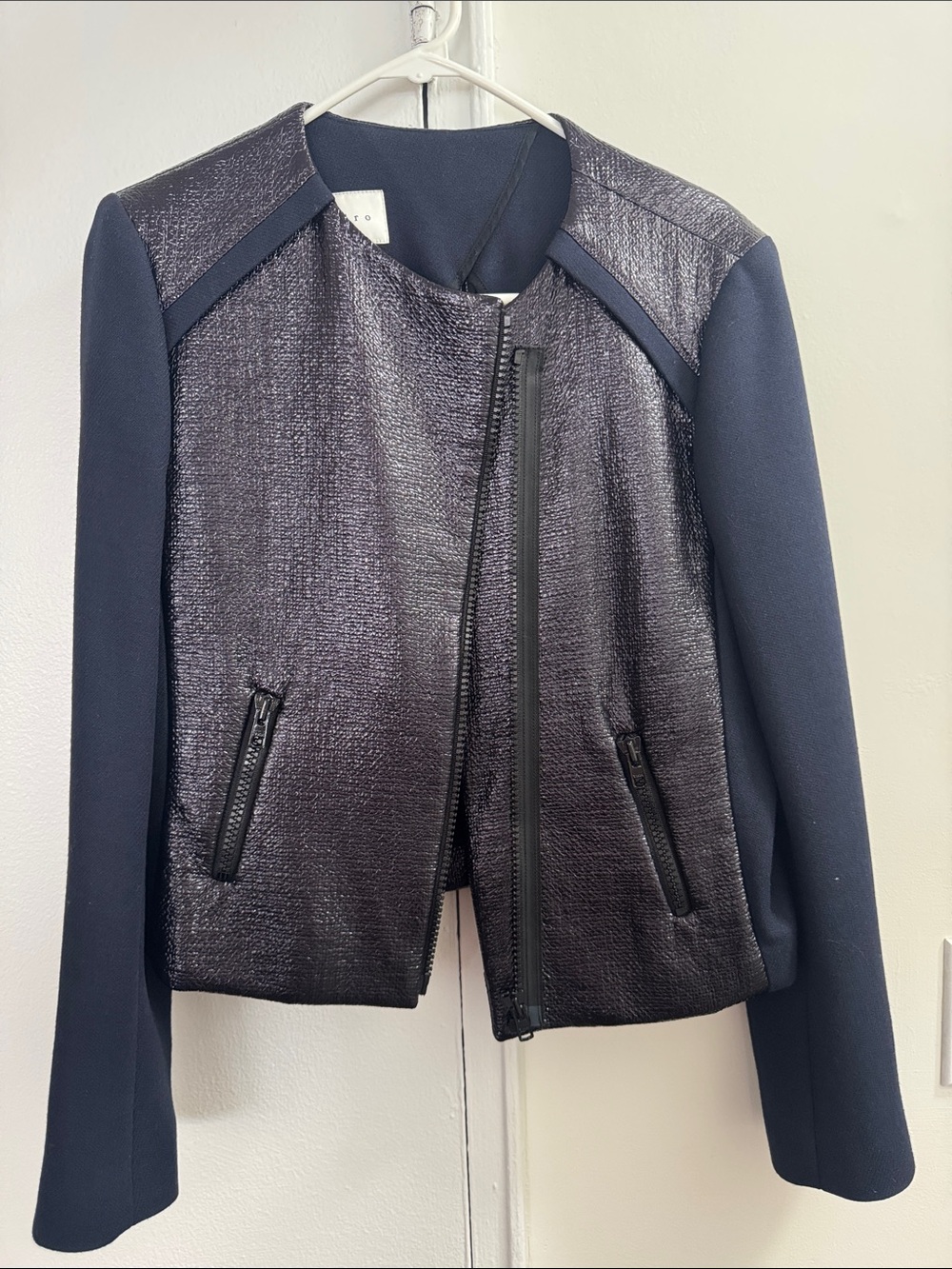 Sandro Navy Textured Front Zip Blazer